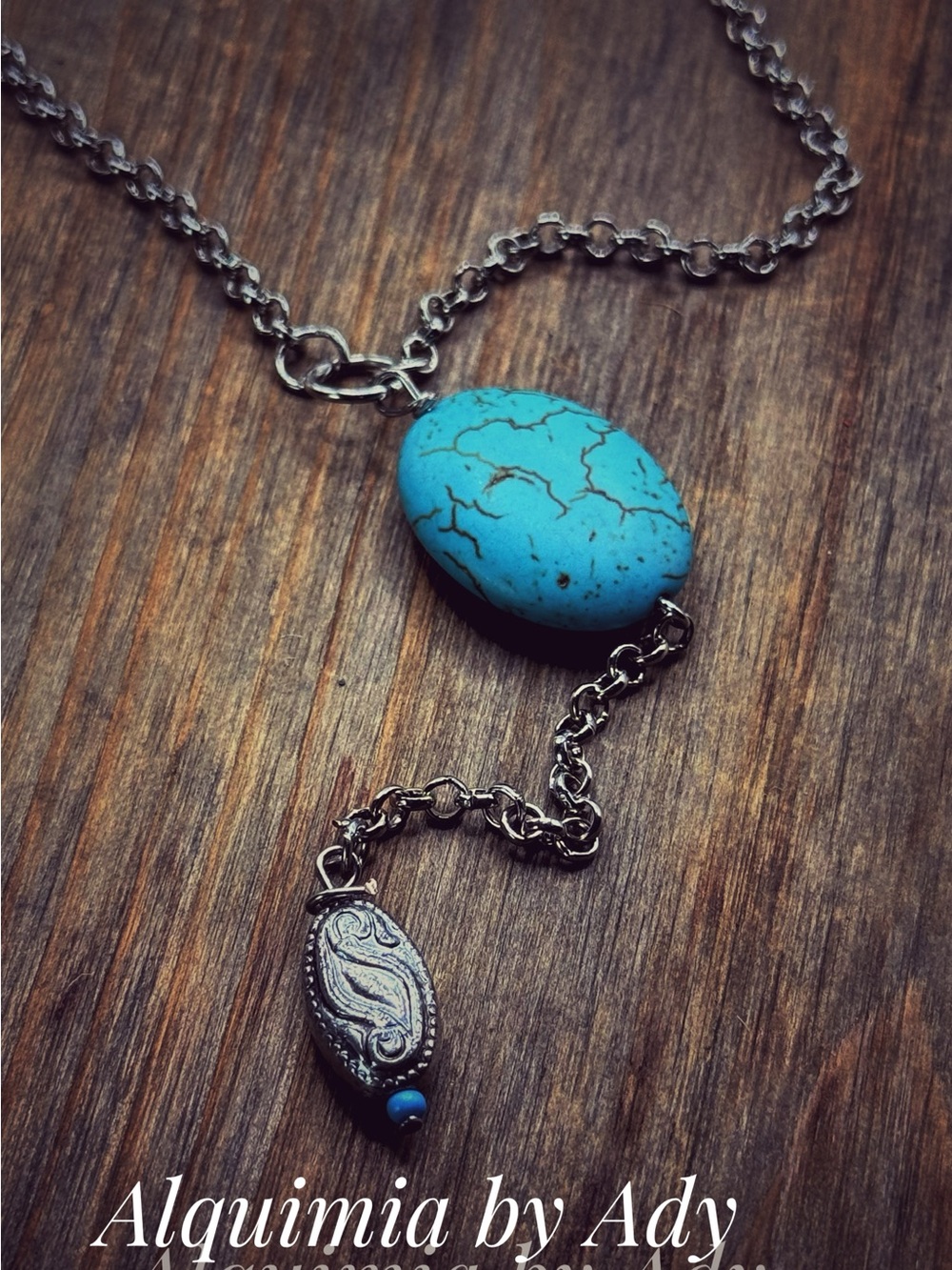 Lariat Blue Turquoise Stone Necklace with Silver Chain